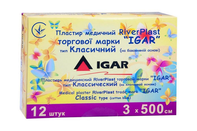 Пластир медичний RiverPlast IGAR тип Класичний (на бавовняній основі) 3 х 500 см (1 упаковка - 12 шт.)