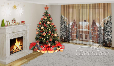 Новогодний Фото Тюль PHOTODECOR "Пряничные домики в лесу"