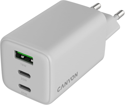 Мережевий зарядний пристрій Canyon GaN USB Type-A QC4.0 18W 2xUSB-C PD 20/65W White (CNS-CUW65ACC)