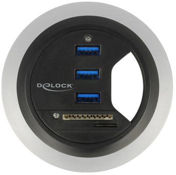 USB Hub Delock In-Desk Hub 3 Port USB 3.0 + 2 Slot SD Card Reader Black (4043619628698)