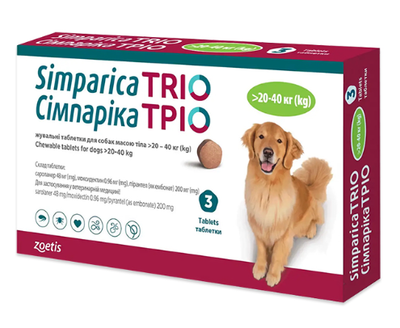 Жувальні таблетки від бліх, кліщів, глистів Simparica Trio для собак 20-40кг, 1 таблетка