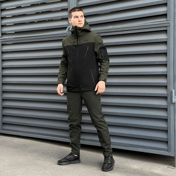 Костюм Pobedov Softshell Куртка з капюшоном + Штани утеплений мікрофлісом хакі з чорним розмір S