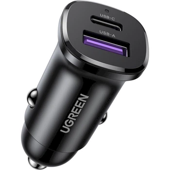 Автозарядка UGREEN EC305 2xUSB 30W (USB-A + USB-C) QC 3.0 Grey (25845)