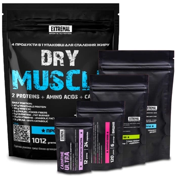 Комплект 4 в 1 для Схуднення Extremal Dry Muscle 1012 г Протеїн для Спалювання Жиру Whey Protein Жироспалювач Карнітин Амінокислоти BCAA Глютамін для Зниження Ваги
