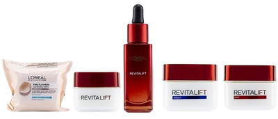 Набір для догляду за обличчям L'Oreal Paris Revitalift Сироватка 30 мл + Крем від зморшок денний 50 мл + Крем від зморшок нічний 50 мл + Крем під очі 15 мл + Очищувальні серветки 25 шт (3061376227726)