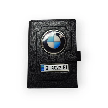 Портмоне с номером для автодокументов BMW, кожаное черное