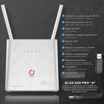 Високошвидкісний маршрутизатор модем/роутер WI-FI 3G/4G LTE OLAX AX9 PRO + адаптер живлення від павербанка DC-USB 5V-12V. Акумулятор 4000 mAh. Швидкість до 150 Мбіт/с. Підтримка до 32 пристроїв. Київстар, Lifecell, Vodafone