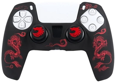 Качественный защитный силиконовый чехол Dragon Black/Red для геймпада Sony DualSense PS5 + накладки на стики
