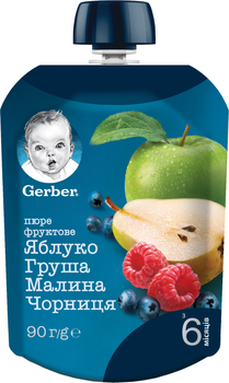 Фруктове пюре Gerber Яблуко, груша, малина, чорниця з 6 місяців 90 г (7613036345484)