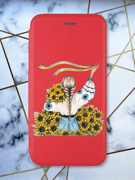 Чехол-книжка красный с рисунком на Xiaomi Redmi Note 14 4G Девушка с лентой (принт 25)