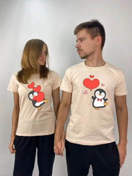 Футболки парні "Пінгвінчики", XS, XL, Бежевий (1046)