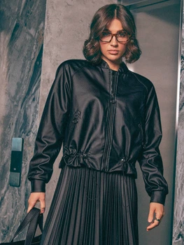Бомбер жіночий на блискавці з куліскою з еко шкіри Seventeen 2XL-3XL Чорна 2245.6263