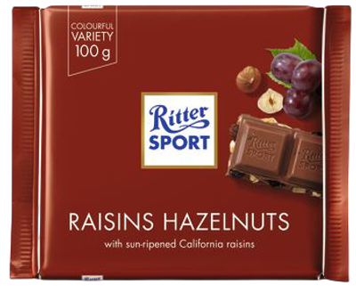 Молочний шоколад Ritter Sport з родзинками та лісовими горіхами 100 г (4000417022005/4000417602213)