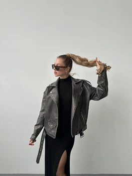 Куртка эко кожа на подкладке 48-52 oversized графит (715ІР)
