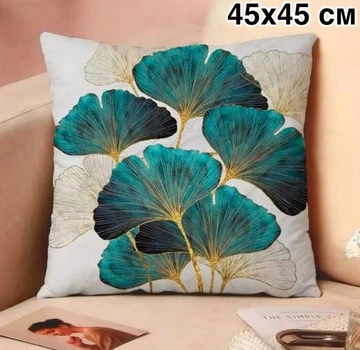 Декоративная квадратная наволочка для подушки GINKGO LEAVES-A односторонняя наволочка на молнии с принтом растений / листьев гинкго, 45х45 см, зеленая (98036194)