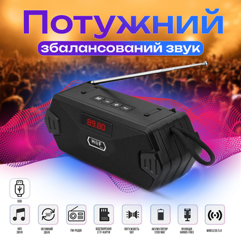 Радиоприемник / Bluetooth-колонка с аккумулятором LED дисплей HF216 ( FM, USB, MP3, MicroSD) Black