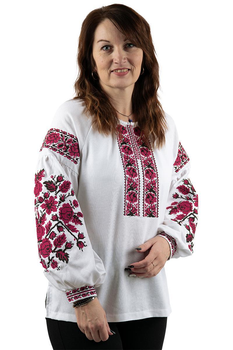 Вышиванка женская льняная Темно-красные Розы 654020411 лен (XL)104-108 белая с классическим цветочным орнаментом (65420411152)