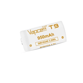 Аккумулятор 16340/CR123 Li-Ion Vapcell T9 Button Top, 950mAh, 3A, 4.2/3.6/2.5V, White