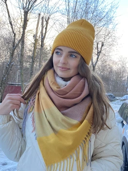 Платок женский теплый в клеточку горчичный Cashmere