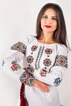 Женская вышиванка Роксолана белый лён, блуза-туника, длинный рукав, 54