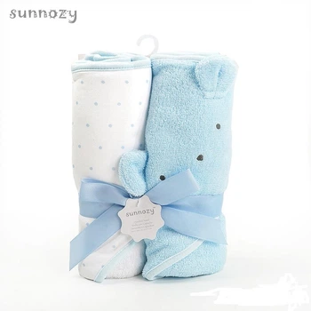 Детское полотенце уголок с капюшоном набор 2шт Sunnozy арт 9742 75*75 см Голубой