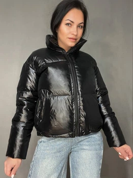 Куртка жіноча Lady Yep 9073 глянцева пуффер з кишенями без капюшона коротка 46 чорна