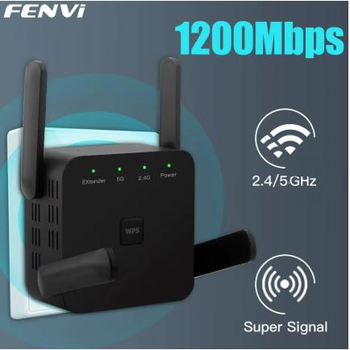 Беспроводной Wi-Fi ретранслятор Fenvi AC1200 1200Mbps 2.4G/5GHz, расширитель покрытия WiFi, Усилитель сигнала, репитер Black