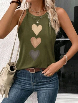 Майка Heart Print яркая женская летняя французкий стиль Оливковая S