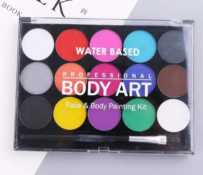 Набір для гриму 15 кольорів+ 2 пензлики аквагрим Body Art безпечний на водній основі з маслом авокадо (II) 33945