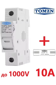 Держатель +1 предохранитель 10 Ампер, 10x38мм DC до 1000V TOMZN 1Р однополюсный, для солнечных панелей, PV (класс gPV), TOPV-32, на DIN рейку