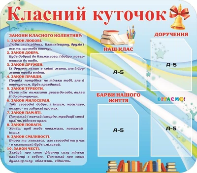 Пластиковий стенд «Класний куточок» з кишенями А5 800мм×700мм (Арт1156)