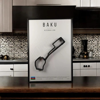 Металлическая Рамка 30x21см с 3D Трассой BAKU Circuit (Bakı Şəhər Halqası) / Baku, Azerbaijan / Баку в Масштабе 1:40 000 Black Matte / Рамка-Подставка 2в1 на Стену или Полку