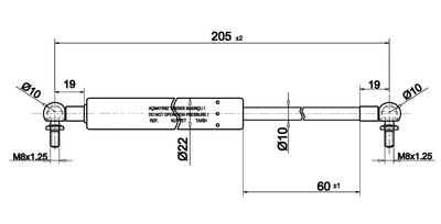 Амортизатор зсувного даху (газовий) Alta 205 мм 950N