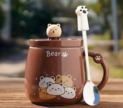 Чашка керамічна з ложкою та кришкою Bear 400 мл Коричнева (14855)