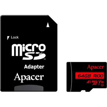 Карта памяти microSD 64Gb Apacer class 10 UHS-I V10 A1 + SD адаптер (AP64GMCSX10UB-R)