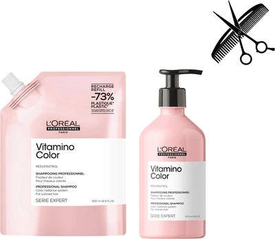 Професійний набір шампуню L'Oreal Paris Professionnel Serie Expert Vitamino Color для захисту та збереження кольору фарбованого волосся 500 мл + Refill 500 мл (3474637242190/3474636975952)