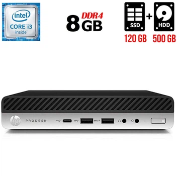 Неттоп HP ProDesk 600 G3 Mini USFF / Intel Core i3-6100T (2 (4) ядра по 3.2 GHz) / 8 GB DDR4 / 120 GB SSD + 500 GB HDD / Intel HD Graphics 530 / DisplayPort + Блок питания б/у