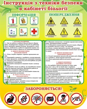 Стенд «Інструкція з техніки безпеки в кабінеті біології» 800мм×1000мм (Арт1991)