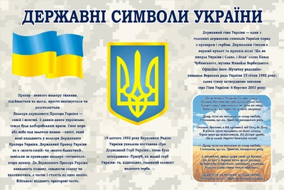 Стенд «Державні символи України» для школи ліцею гімназії 1200мм×800мм (Арт2260)