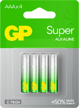 Щелочные батарейки GP Super Alkaline AAA 1.5V 24A-U4 LR03 4 шт (4891199218224)
