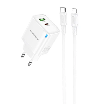 Зарядне мережеве BOROFONE BA83A (1хUSB-C/1хUSB) (PD/QC 20W) + кабель Type-C to Lightning для заряджання телефону/смартфону Білий