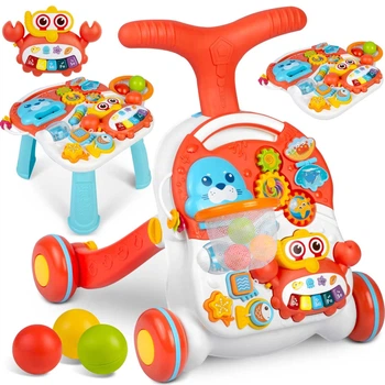 Інтерактивна каталка Ricokids 2-в-1 біло-червона, штовхач, навчальний столик, регульована ручка, антиковзні колеса, м’ячі в комплекті(ISL_E84745DCCCA7)