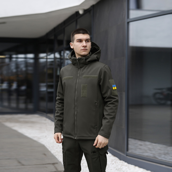 Водовідштовхувальна Куртка Pobedov Shadow Soft Shell на мікрофлісі з шевроном у Подарунок олива розмір L
