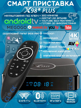 Смарт ТВ-приставка X98 Plus 4/32Гб Android TV 11 Amlogic 905W2 Аэропульт G10s Pro с подсветкой клавиш, микрофоном и голосовым поиском + промокоды на телевидиние (X98 Plus 4/32+G10s Pro 370728732)