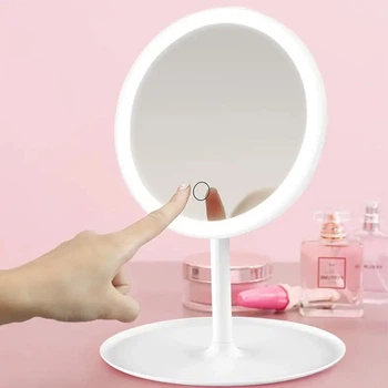 Косметическое круглое зеркало с LED подсветкой, от USB, Белое / Настольное зеркало для макияжа сенсорное