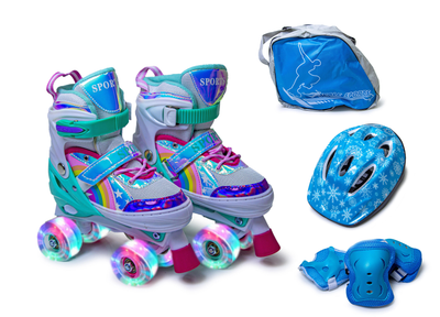 Комплект ролики-квады + защита + шлем + рюкзак Scale Sports Tiffany Rainbow. Все колеса светятся. Размер 29-33