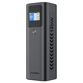 УМБ Choetech 27000mAh 140W IN/OUT, 2xUSB-C PD5.0 USB-A QC3.0 22W, Li-pol, TFT Display, black