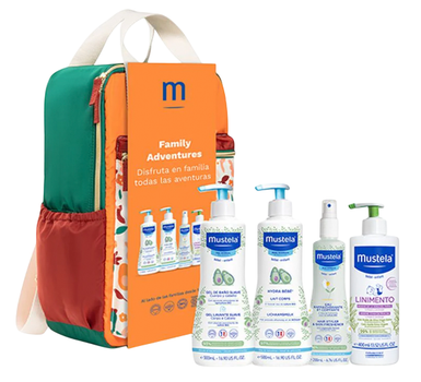 Zestaw kosmetyków pielęgnacyjnych Mustela Family Adventures Mleczko Hydra Baby 500 ml + Żel do kąpieli 500 ml + Płyn do zmiany pieluszek 400 ml + Płyn do czesania 200 ml + Plecak  (8436034154266)