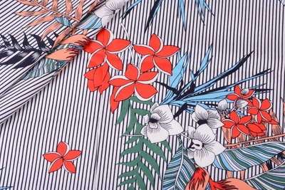 Ткань Коттон Поплин стрейч полоска цветы черный пог. м. (23327)