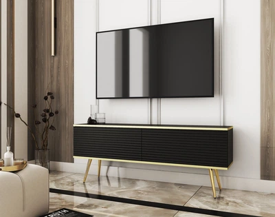 Тумба под ТВ Perfect Home Оро / Oro RTV135 MDF 2-дверная с золотыми ножками Черный